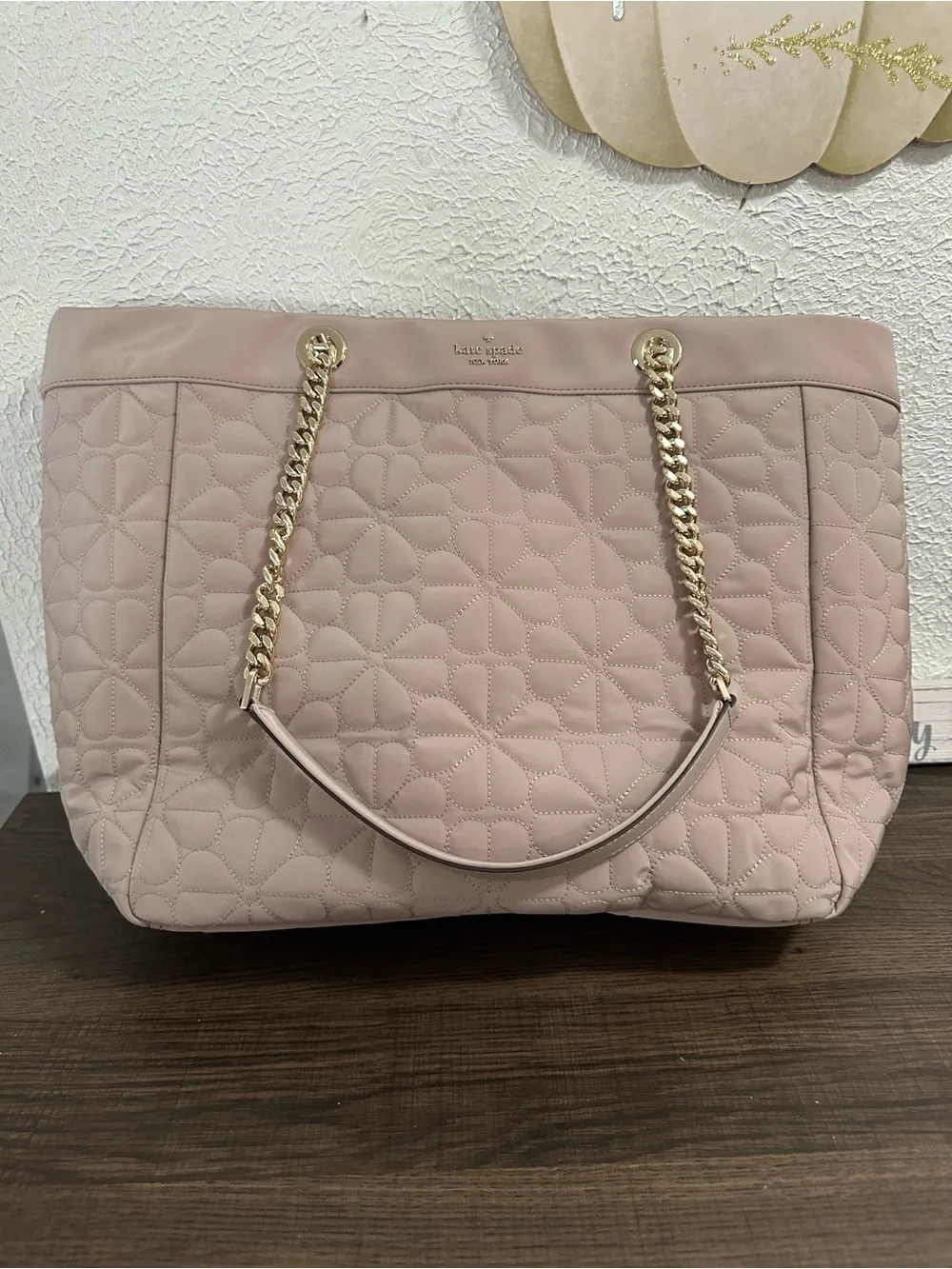 kate spade flower Quilted Blush Pink Tote with Gold Chain Straps